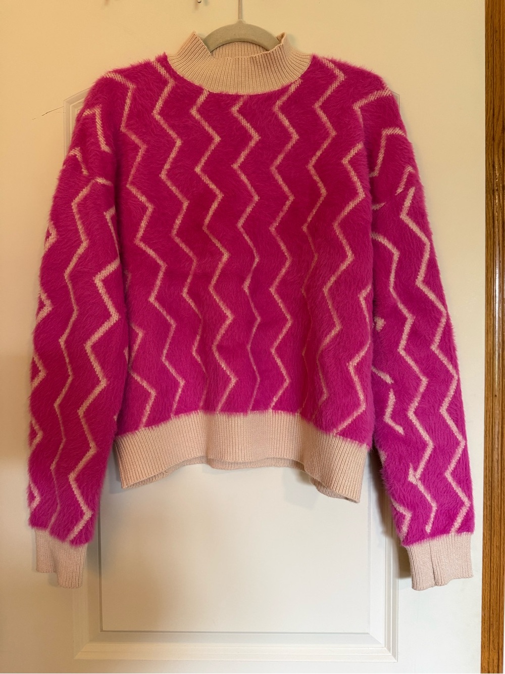 Fuchsia Zigzag Crewneck Sweater with Cream Trim